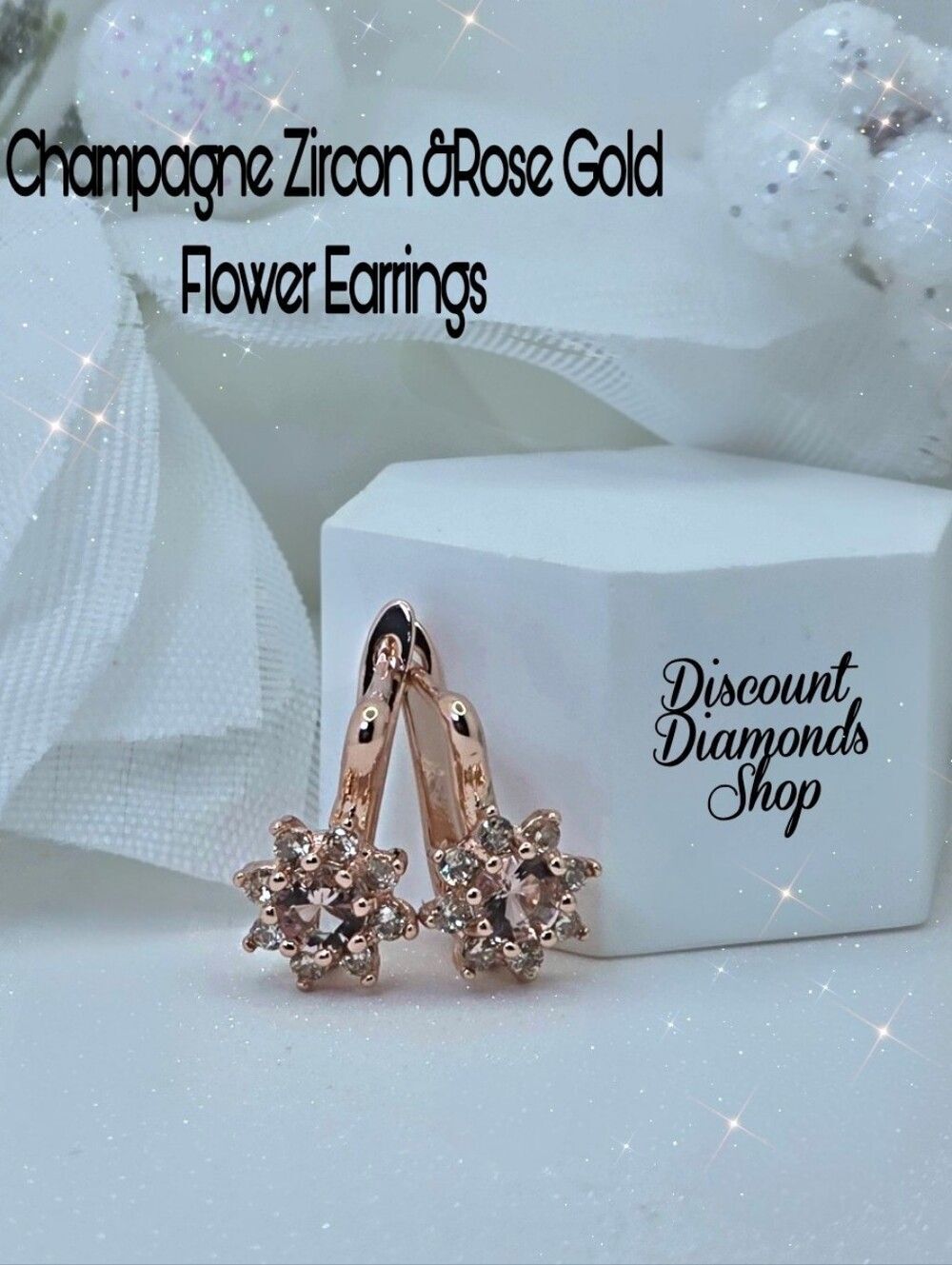 18K Rose Gold on 925 Silver Champagne Diamond Earrings Latch Back Closure